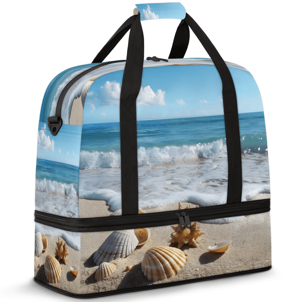 Herdesigns Beach Seashell Starfish Foldable Travel Duffel Bag with Shoe Compartment, Weekend Overnight Carry On Bags for Men Women, Large Sports Gym Luggage