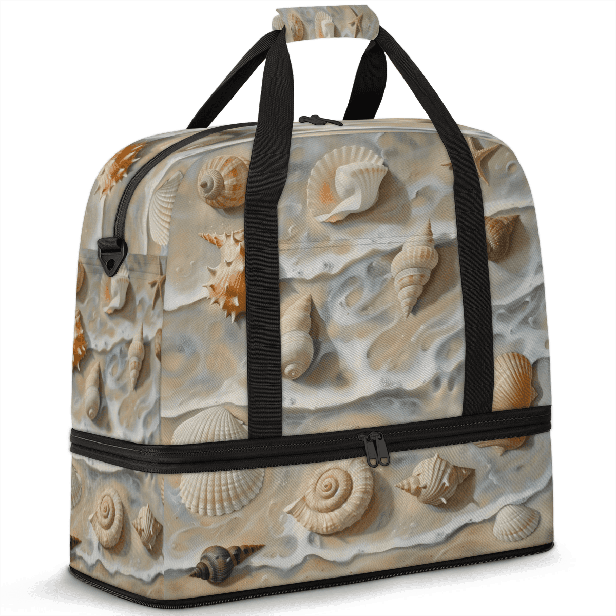 Herdesigns Beach Shells Starfish Sand Foldable Travel Duffel Bag with Shoe Compartment, Weekend Overnight Carry On Bags for Men Women, Large Sports Gym Luggage