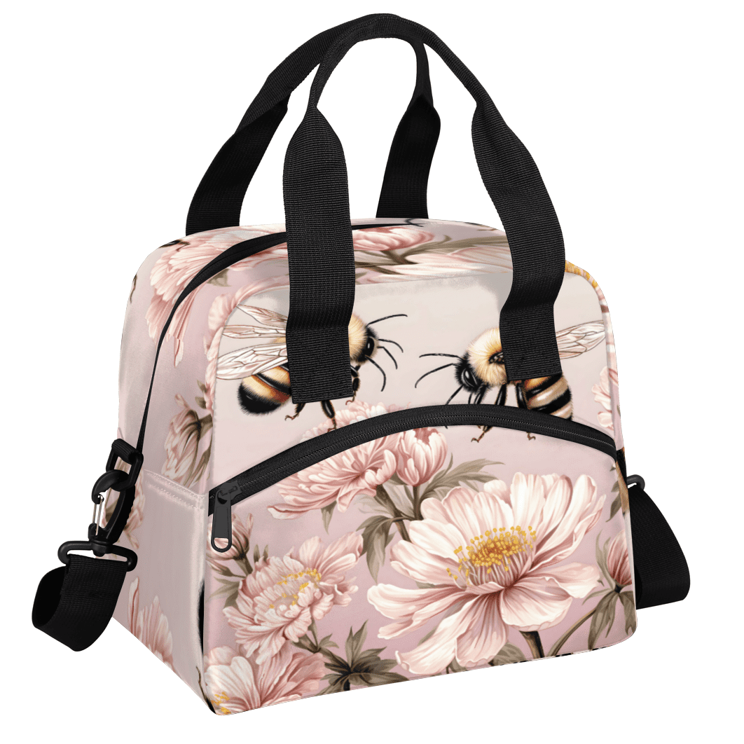 Herdesigns Bee and Flower Insulated Lunch Bag for Women Men Adults Large Reusable Lunch Box Bee Theme Leakproof Cooler Tote Bags with Adjustable Shoulder Strap