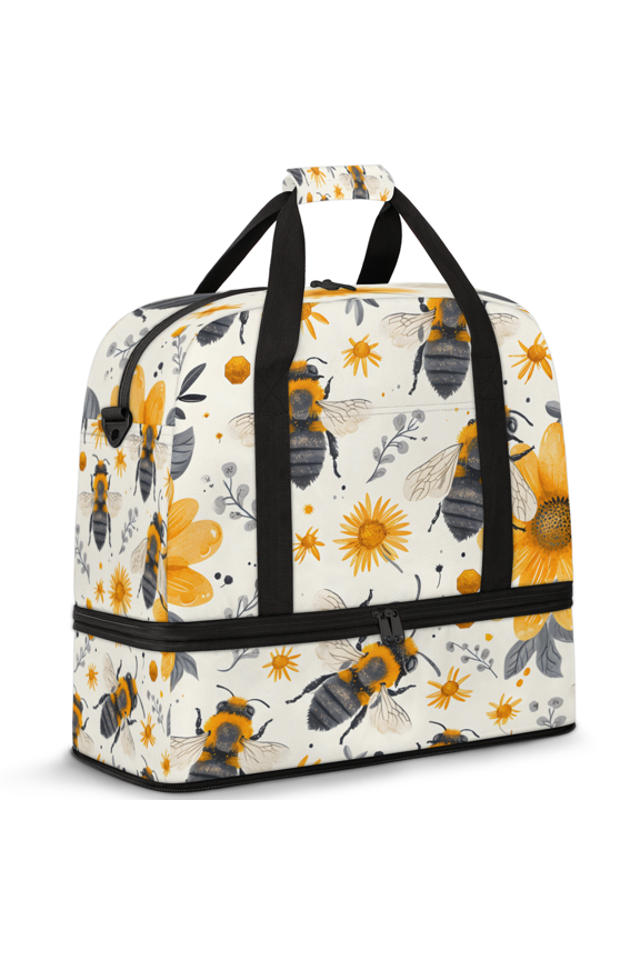 Bee Foldable Travel Duffle Bag for Women and Men Lightweight Carry On Overnight Bag Honeybee Flowers Floral Gym Luggage Weekender Bags with Shoe Compartment