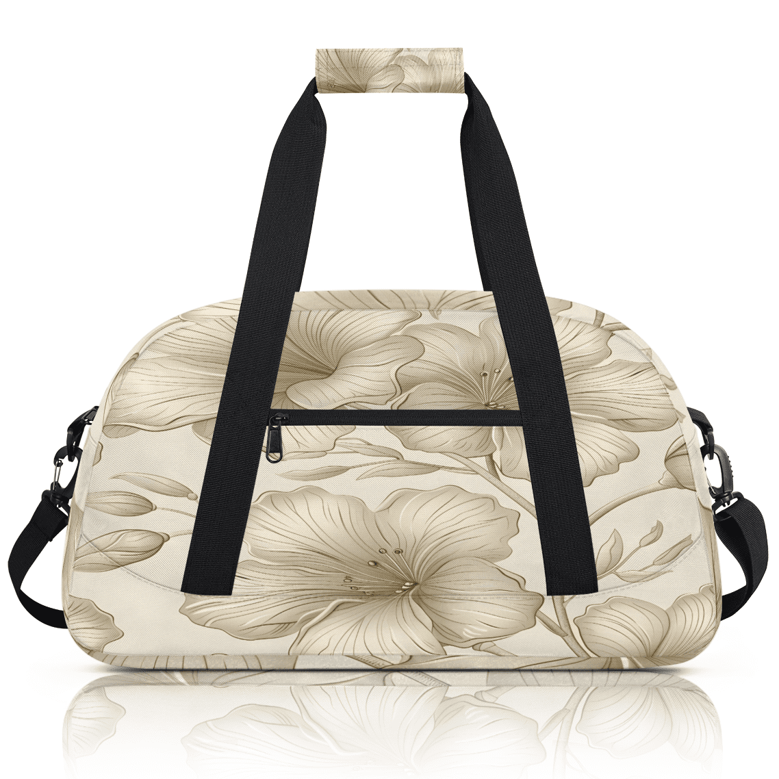 Herdesigns Beige Flower Sports Duffle Bag for Women & Men, Modern Floral Gym Bag Dance Bag Overnight Bag Carry On Weekender Travel Bag