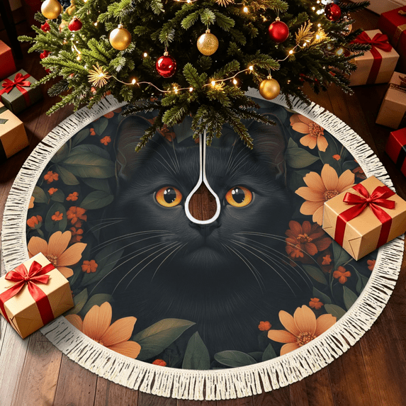 Herdesigns Black Cat Christmas Tree Skirt with Tassels, Foldable Cute ...