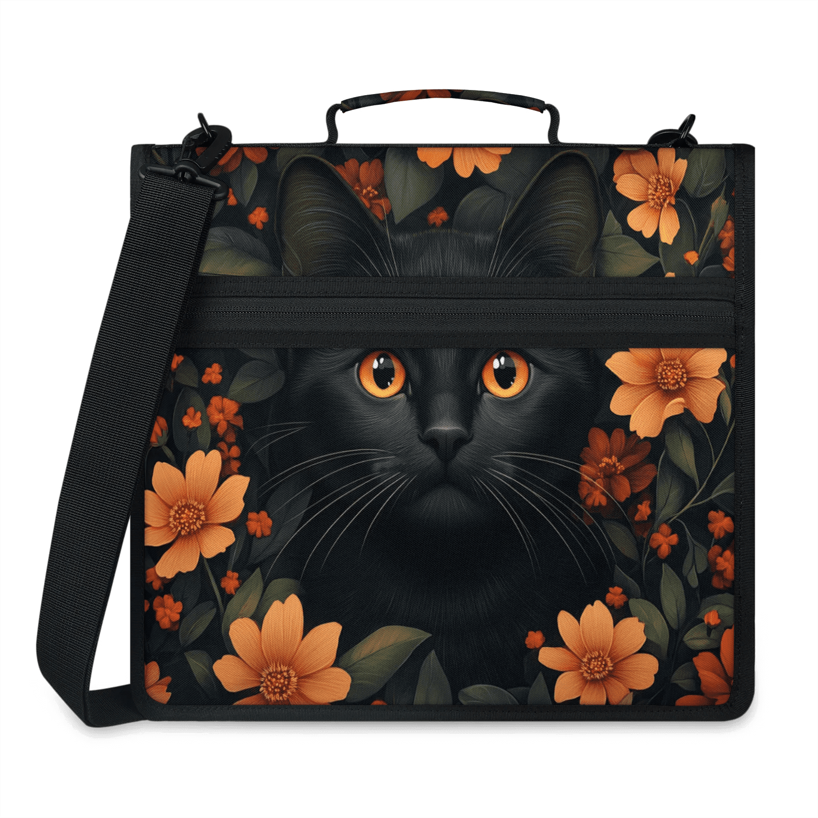 Herdesigns Black Cat Zipper Binder with Shoulder Strap, Waterproof 1.5 Inch 3 D-Ring Binder Organizer Bag, Fits 13 Inch Laptop for Work, Cute Cat