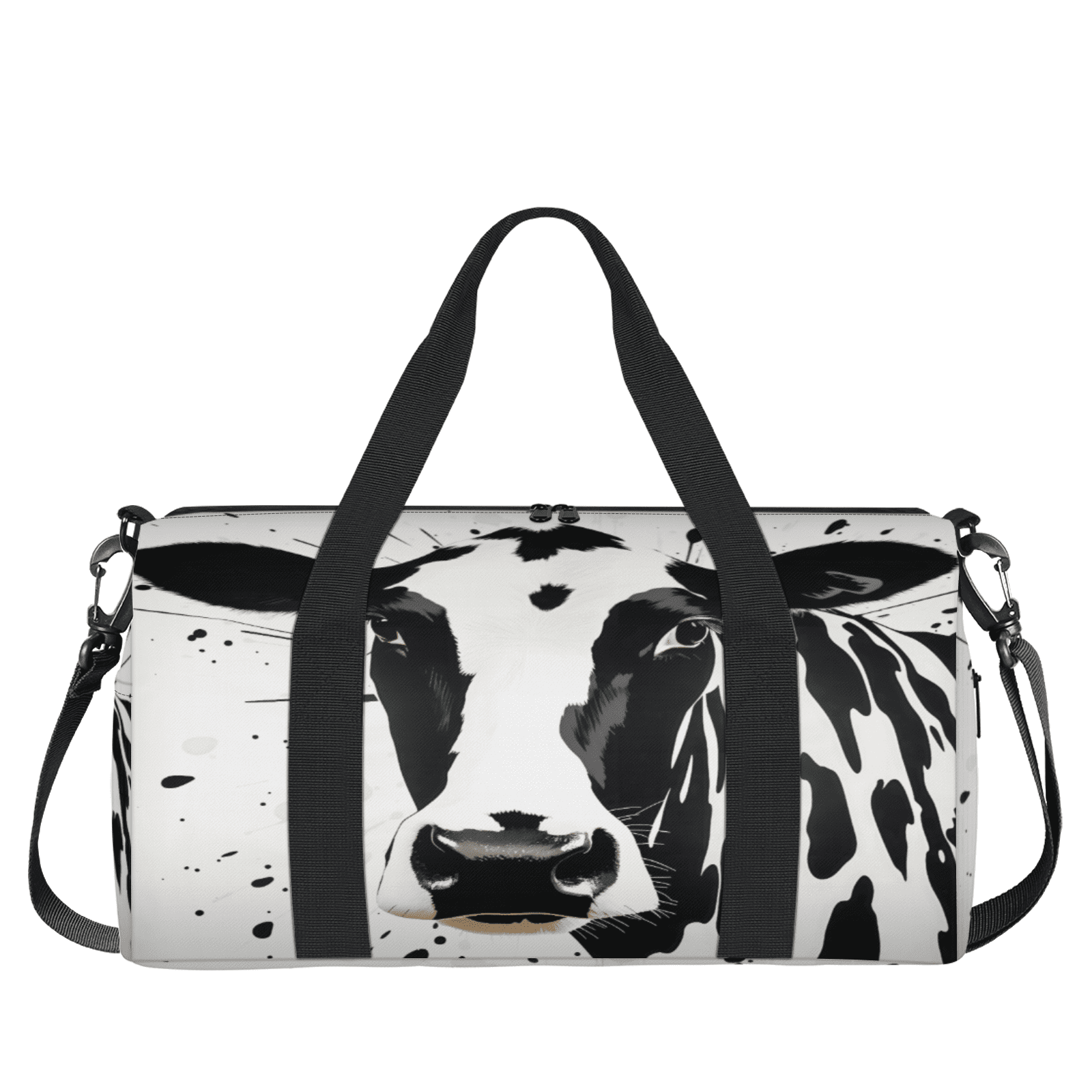 Herdesigns Black Cow Print Travel Duffle Bag Sports Yoga Weekender Overnight Carry on Workout Bags Lightweight Waterproof Gym Tote Bag for Women