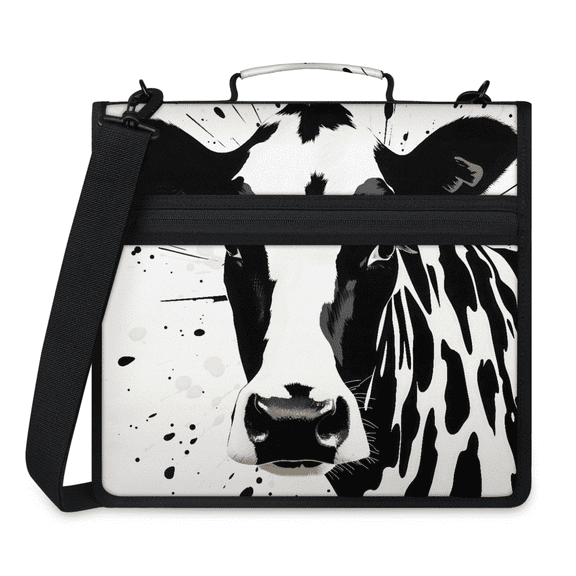 Herdesigns Black Cow Print Zipper Binder with Shoulder Strap, Waterproof 1.5 Inch 3 D-Ring Binder Organizer Bag, Fits 13 Inch Laptop for Work,