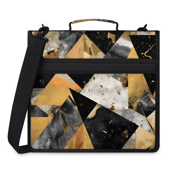 Herdesigns Black Gray Gold Marble Zipper Binder with Shoulder Strap, Waterproof 1.5 Inch 3 D-Ring Binder Organizer Bag, Fits 13 Inch Laptop for Work,
