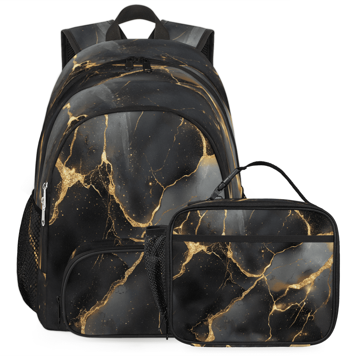 Herdesigns Black Large Backpack Set with Lunch Box Lightweight Water ...