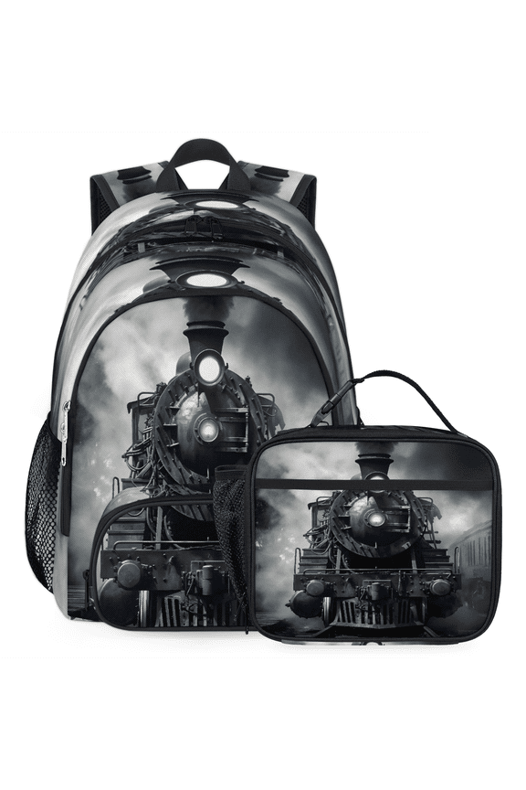 Black Steam Train Large Backpack Set with Lunch Box Lightweight Water Resistant Travel Laptop Backpacks Casual Daypacks for Women Men