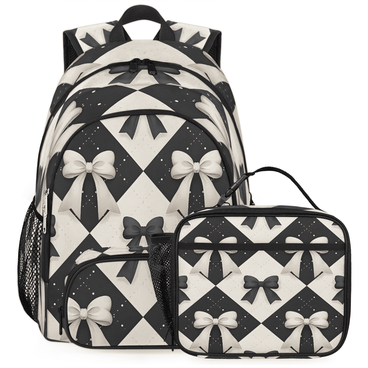 Herdesigns Black White Bow Backpack with Lunch Box Lightweight Large ...