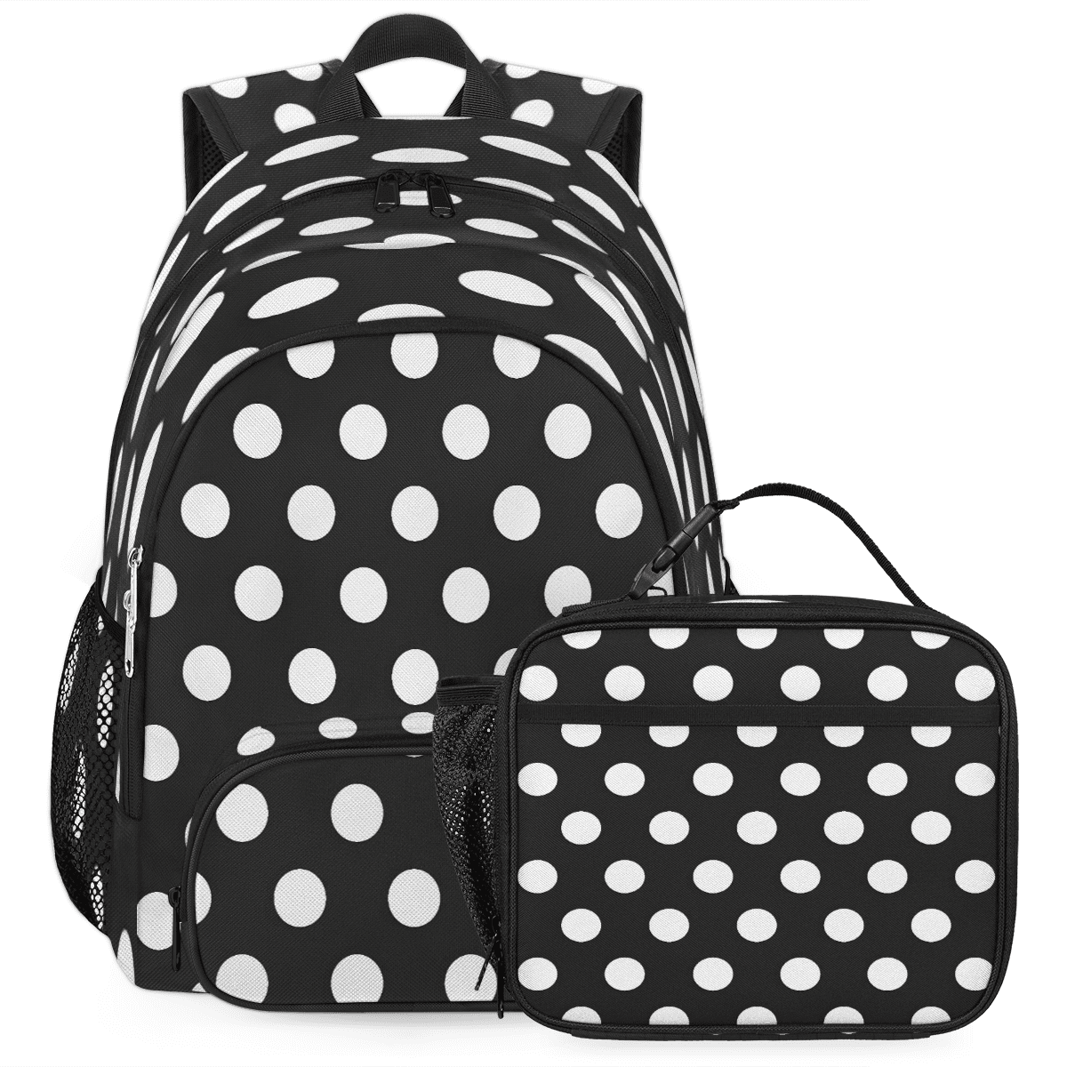 Herdesigns Black And White Polka Dots Large Backpack Set with Lunch Box ...