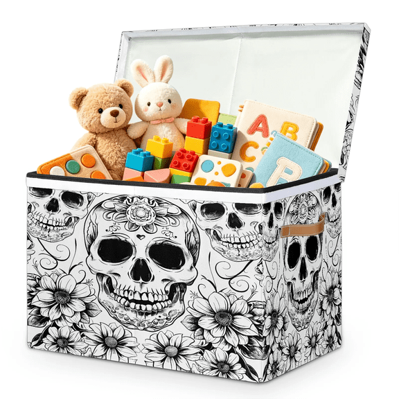 Herdesigns Black White Skull Skeleton Large Toy Box Chest Storage with Lid & Divider, Collapsible Toy Container Bin for Boys Girls, Nursery Room Playroom, 25 x 13 x 16 Inch