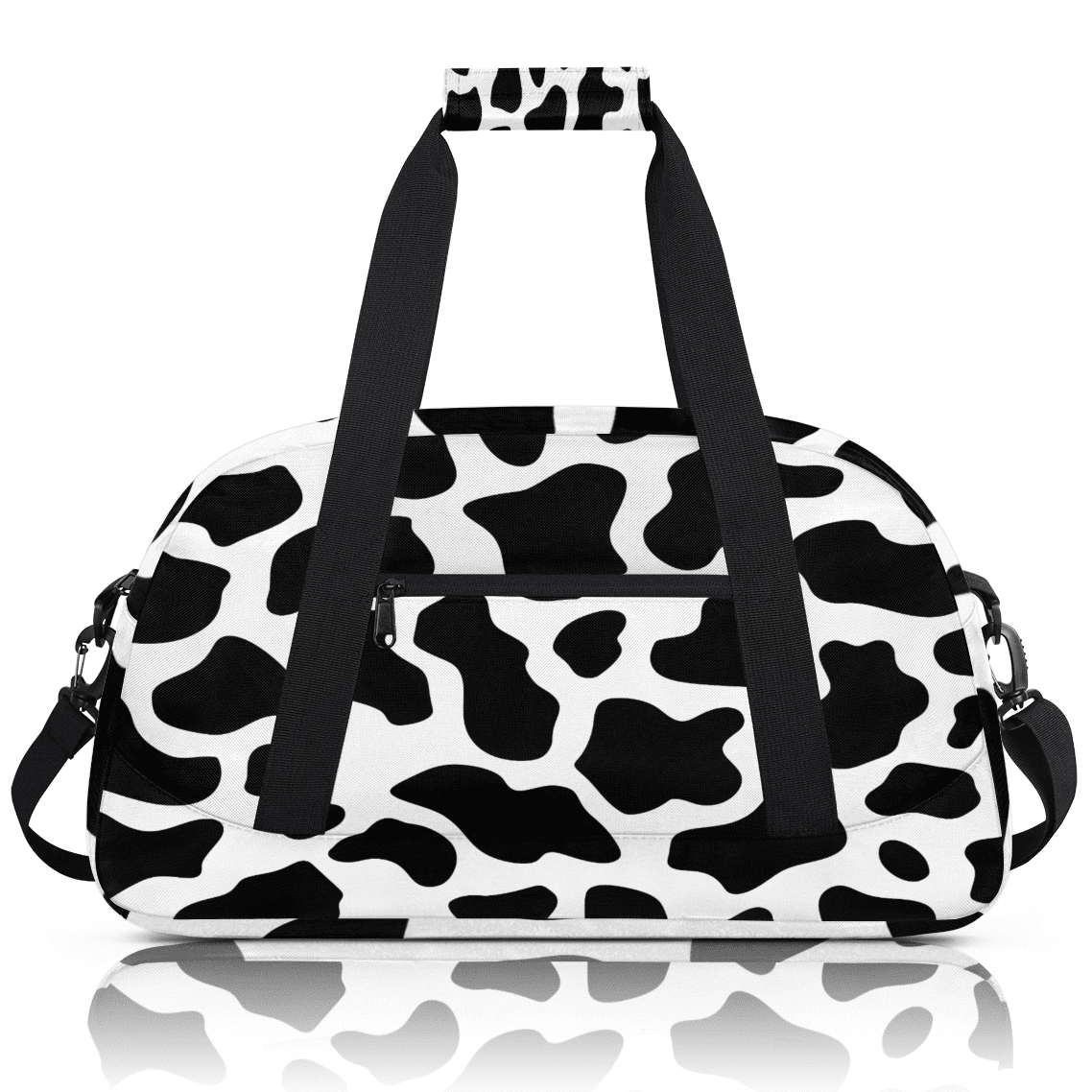 Herdesigns Black White Sports Duffle Bag for Women & Men, Fun Cow Print Farm Animal Gym Bag Dance Bag Overnight Bag Carry On Weekender Travel Bag