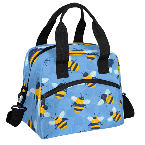 Herdesigns Black Yellow Bee Insulated Lunch Bag for Women Men Adults Large Reusable Lunch Box Honeycomb Leakproof Cooler Tote Bags with Adjustable Shoulder Strap