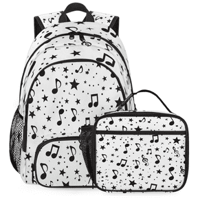 Herdesigns Black and White Music Backpack with Lunch Box Musical Notes Lightweight Large Travel Work Laptop Backpacks Set Casual Daypacks