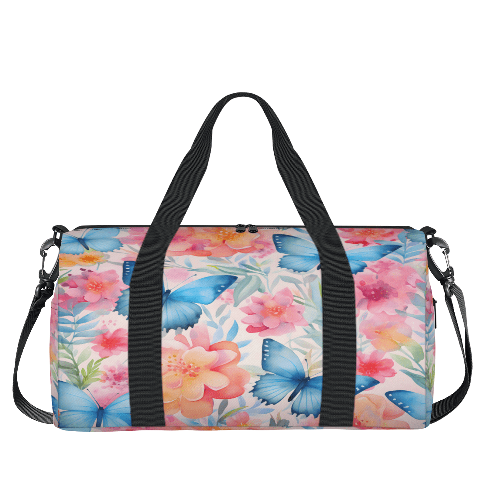Herdesigns Blue Butterfly Pink Flowers Travel Duffle Bag Sports Yoga Weekender Overnight Carry on Workout Bags Lightweight Waterproof Gym Tote Bag for Women