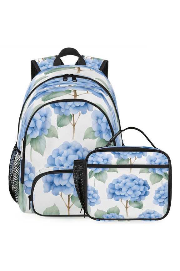 Blue Hydrangeas Large Backpack Set with Lunch Box Lightweight Water Resistant Travel Laptop Backpacks Casual Daypacks for Women Men