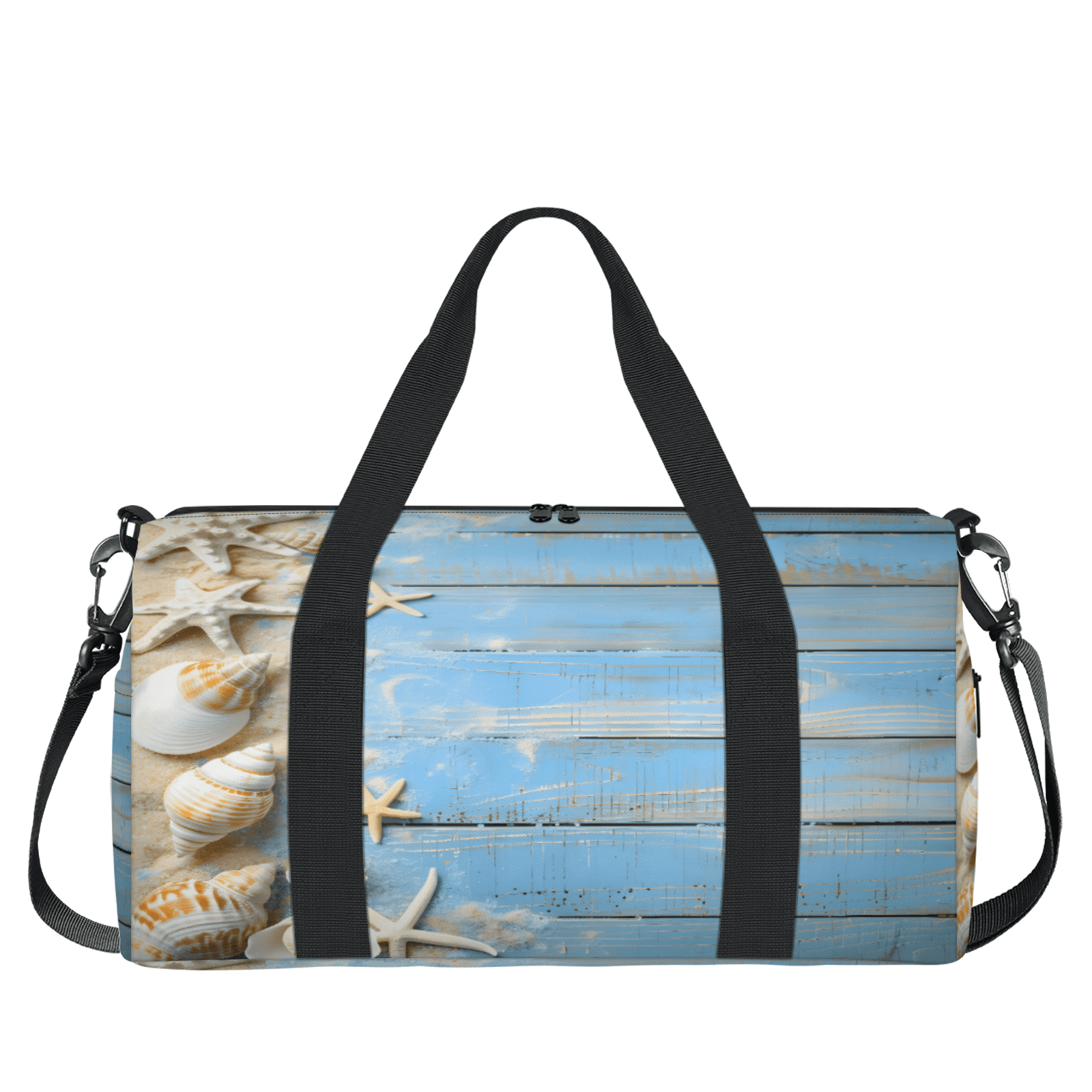 Herdesigns Blue Ocean Beach Seashell Starfish Themed Travel Duffle Bag Sports Yoga Weekender Overnight Carry on Workout Bags Lightweight Waterproof Gym Tote Bag for Women