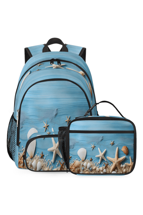 Blue Ocean Starfish Seashell Large Backpack Set with Lunch Box Lightweight Water Resistant Travel Laptop Backpacks Casual Daypacks for Women Men