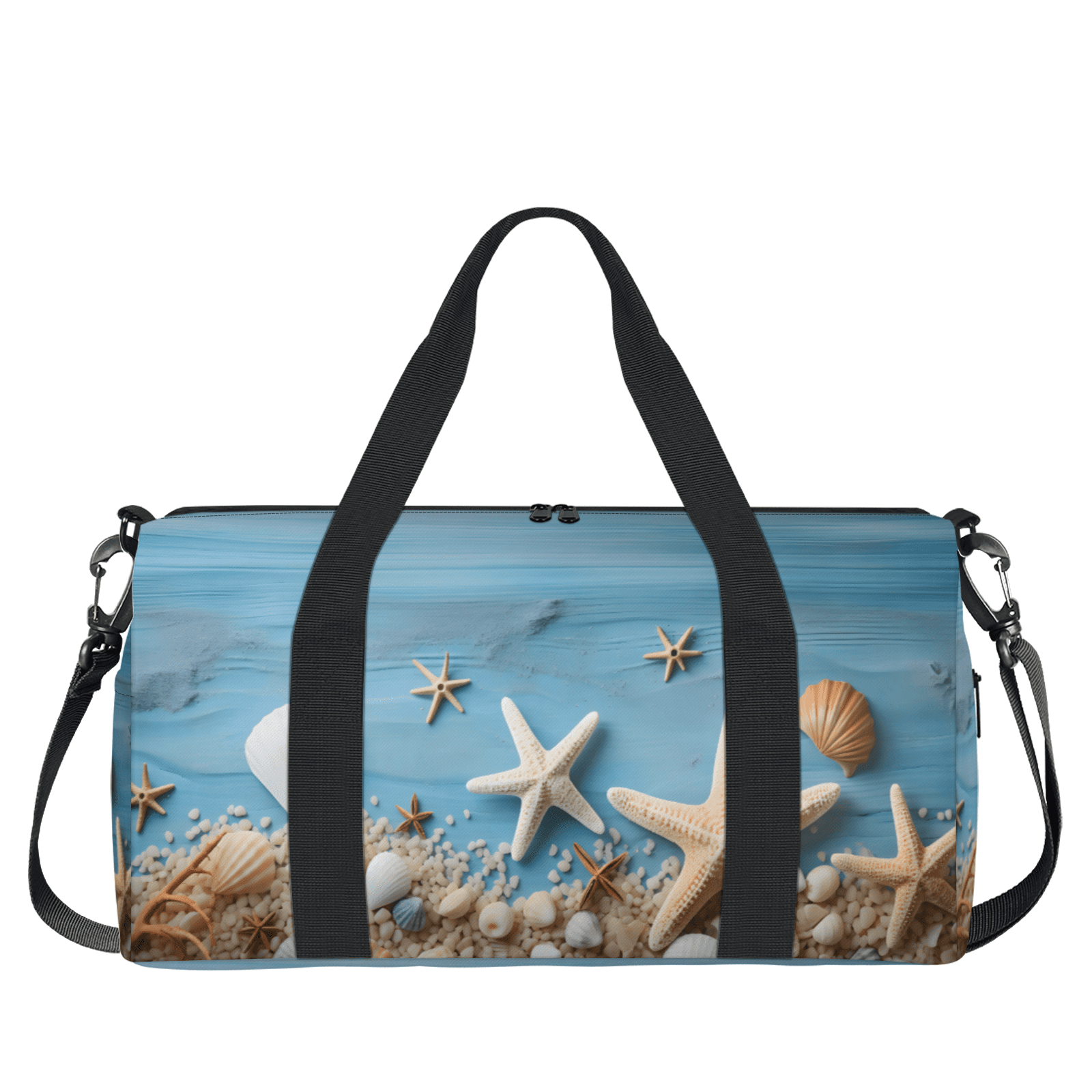 Herdesigns Blue Ocean Starfish Seashell Travel Duffle Bag Sports Yoga Weekender Overnight Carry on Workout Bags Lightweight Waterproof Gym Tote Bag for Women