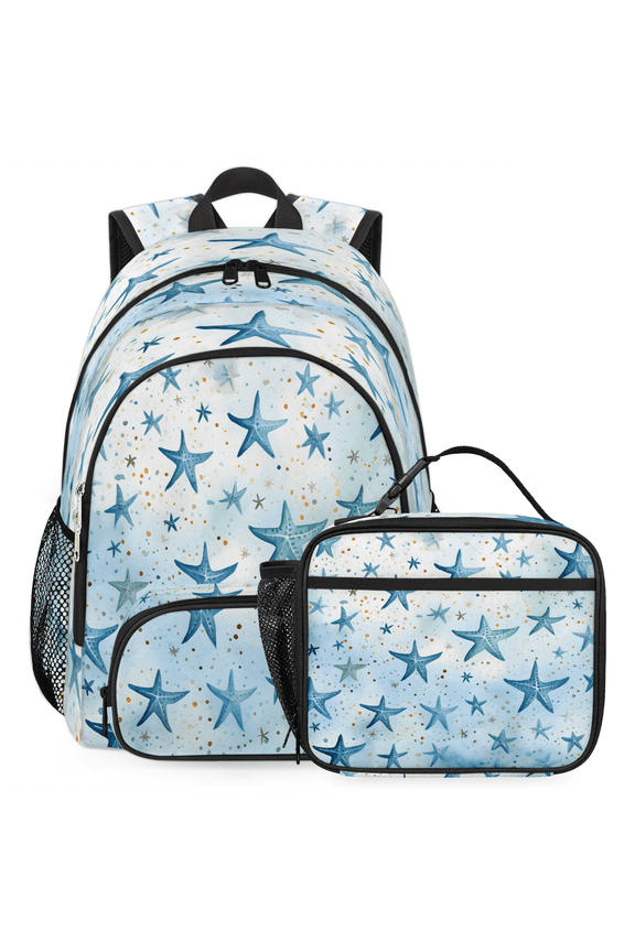 Blue Starfish Large Backpack Set with Lunch Box Lightweight Water Resistant Travel Laptop Backpacks Casual Daypacks for Women Men