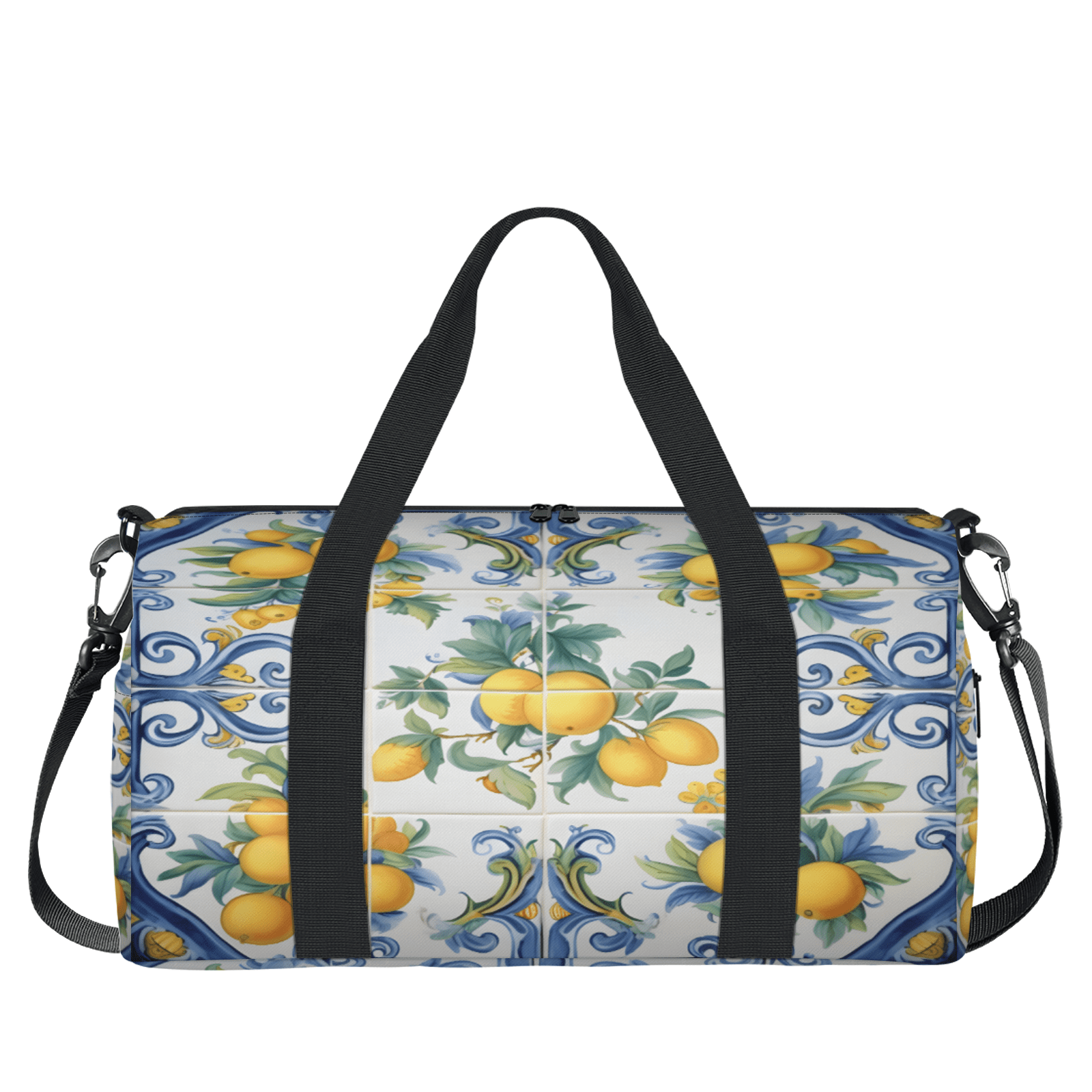 Herdesigns Blue Tiles Lemon Gym Bag for Women, Duffle Bag for Travel Sport, Summer Fruit Chic Lightweight Waterproof Carry on Weekender Dance Yoga Workout Bags