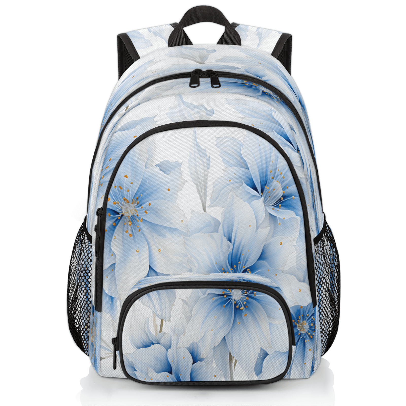 White & Navy Floral Heart  Backpack Blue Hearts Pattern With White and Blue Flowers - Backpack  main image 2
