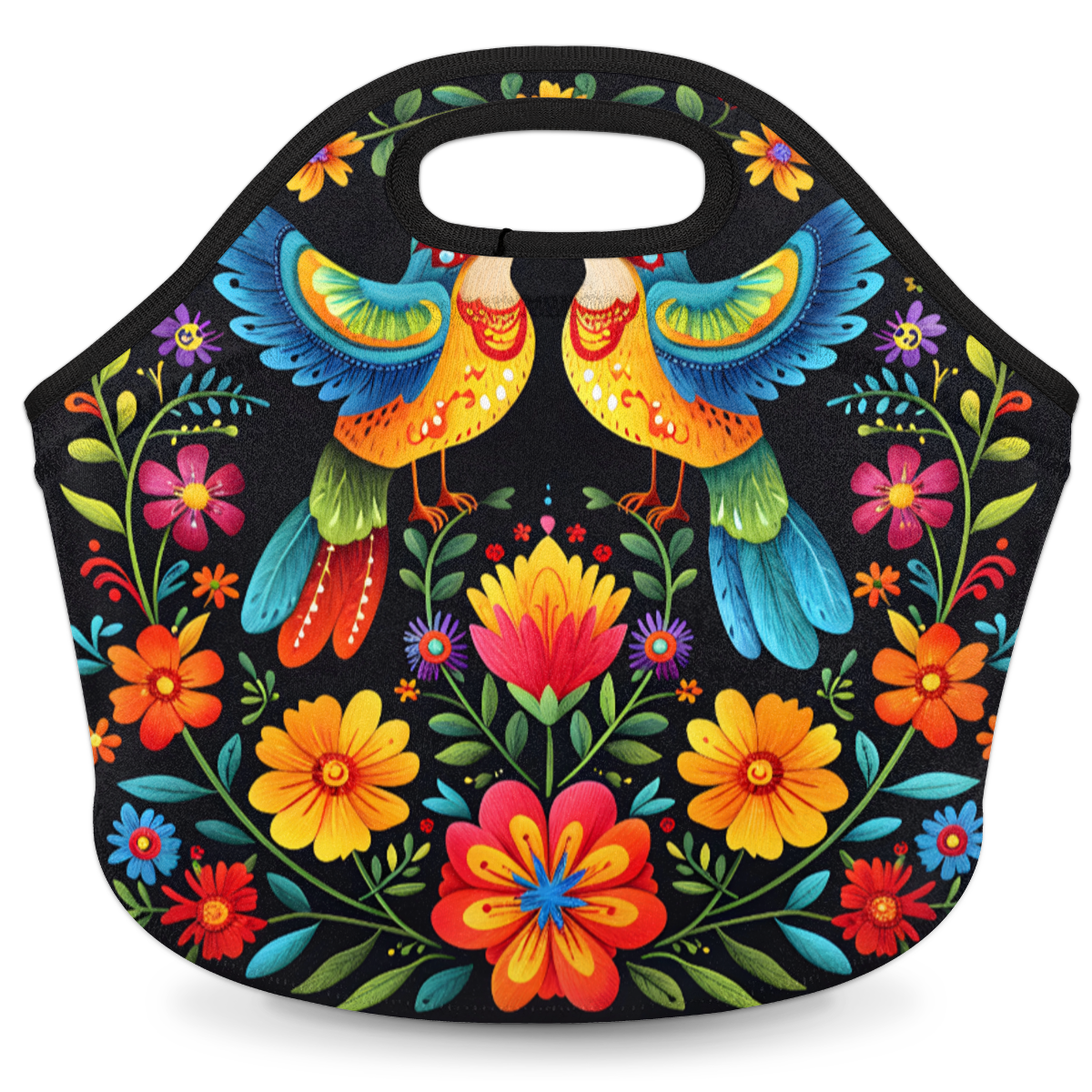 Herdesigns Boho Bird Neoprene Lunch Bag, Colorful Flower Insulated Lunch Box for Women Men Washable Lunch Tote Soft Lunch Container With Zipper for Work Picnic Travel