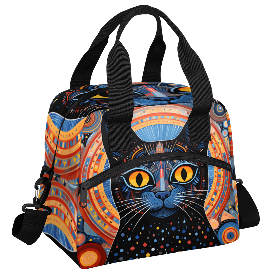 Herdesigns Boho Cat Insulated Lunch Bag for Women Men Adults Large Reusable Lunch Box Ethnic Cat Leakproof Cooler Tote Bags with Adjustable Shoulder Strap