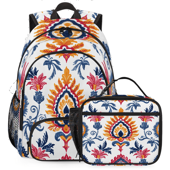 Herdesigns Boho Floral Backpack with Lunch Box Vintage Blossom Flowers Lightweight Large Travel Work Laptop Backpacks Set Casual Daypacks