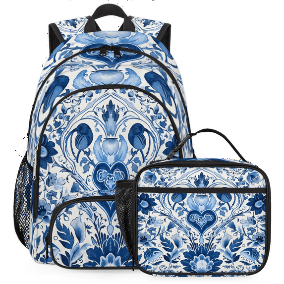 Herdesigns Boho Floral Backpack with Lunch Box Vintage Floral Lightweight Large Travel Work Laptop Backpacks Set Casual Daypacks