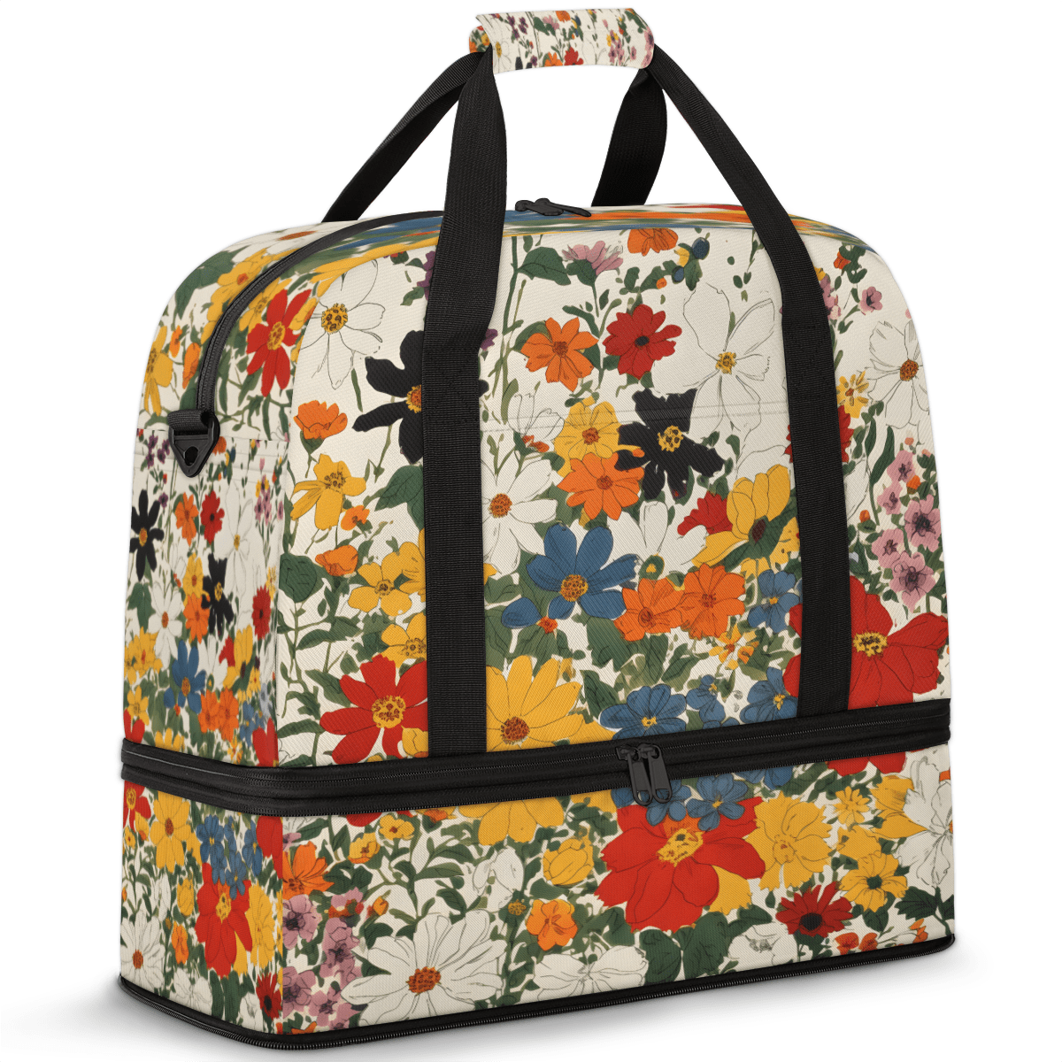 Herdesigns Boho Floral Foldable Travel Duffle Bag for Women and Men Lightweight Carry On Overnight Bag Watercolor Wild Flowers Gym Luggage Weekender Bags with Shoe Compartment