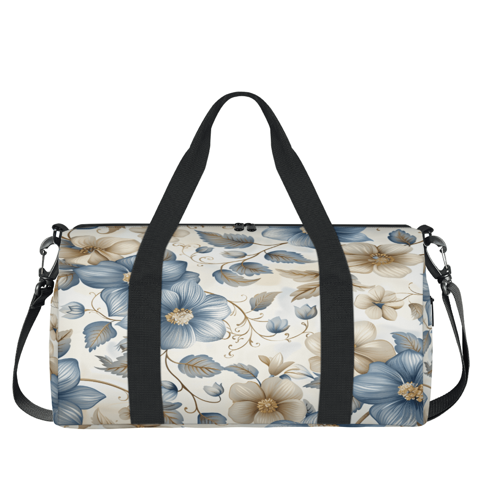 Herdesigns Boho Floral Gym Bag for Women, Duffle Bag for Travel Sport, Beige Blue Grey White Flower Lightweight Waterproof Carry on Weekender Dance Yoga Workout Bags