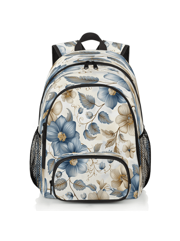 Boho Floral Laptop Backpack for Women Men, 18.3 Inch Travel Work Backpacks, Beige Blue Grey White Flower Waterproof Computer Casual Daypack Nurse Teacher Bags