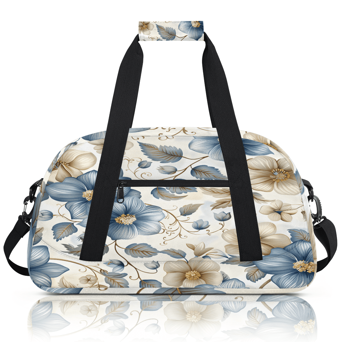 Herdesigns Boho Floral Sports Duffle Bag for Women & Men, Beige Blue Grey White Flower Gym Bag Dance Bag Overnight Bag Carry On Weekender Travel Bag