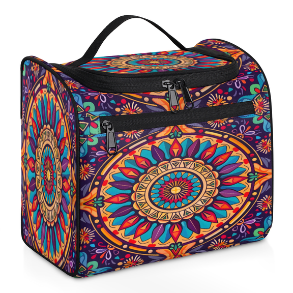 Herdesigns Boho Mandala Flowers Bohemian Toiletry Bag for Women, Travel Makeup Bag, Waterproof Hanging Cosmetic Organizer for Toiletries & Makeup Essentials