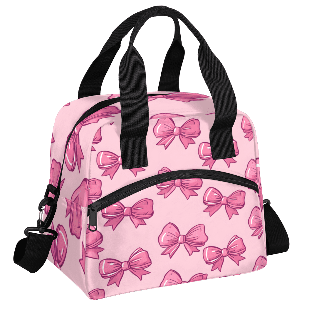 Herdesigns Bow Insulated Lunch Bag for Women Men Adults Large Reusable Lunch Box Pink Leakproof Cooler Tote Bags with Adjustable Shoulder Strap