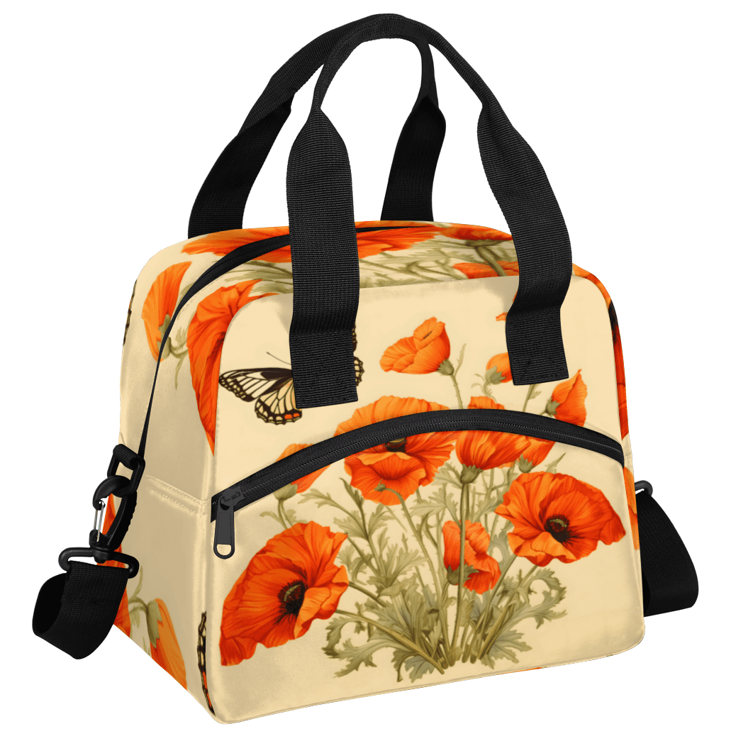Herdesigns Butterflies Poppy Flowers Insulated Lunch Bag for Women Men Adults Large Reusable Lunch Box Leakproof Portable Cooler Tote Bags with Adjustable Shoulder Strap