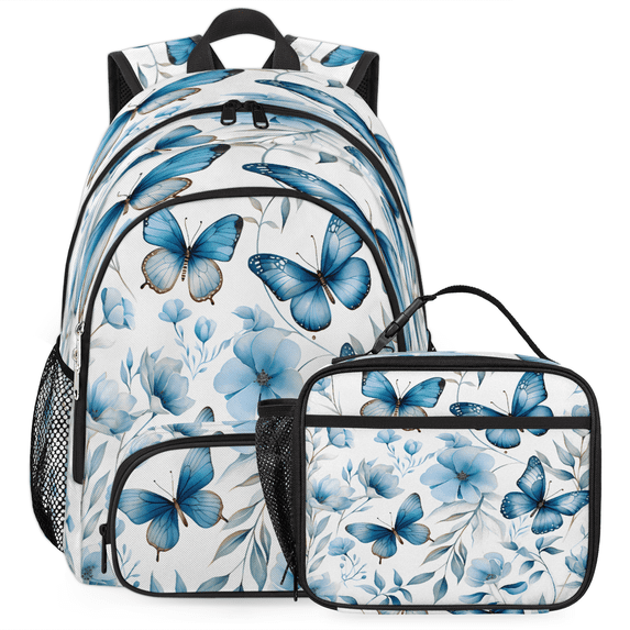 Herdesigns Butterfly Blue Floral Large Backpack Set with Lunch Box Lightweight Water Resistant Travel Laptop Backpacks Casual Daypacks for Women Men