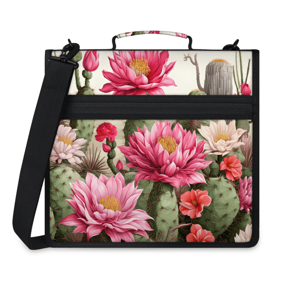Herdesigns Cactus Print Zipper Binder 1.5 Inch 3 D-Rings with Shoulder Strap & Handle, Waterproof Tropical Flower Binder Organizer Bag for 13 Inch Laptop