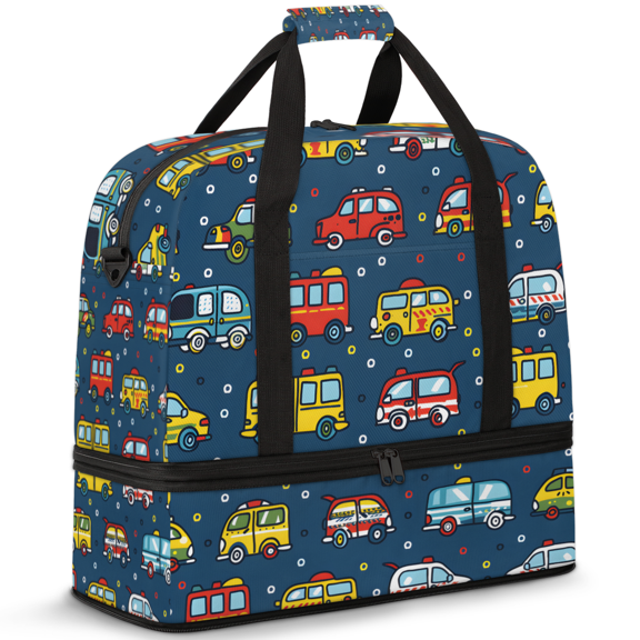 Herdesigns Cartoon Car Foldable Travel Duffel Bag for Women Men, Transportation Weekend Overnight Carry On Bags with Shoe Compartment