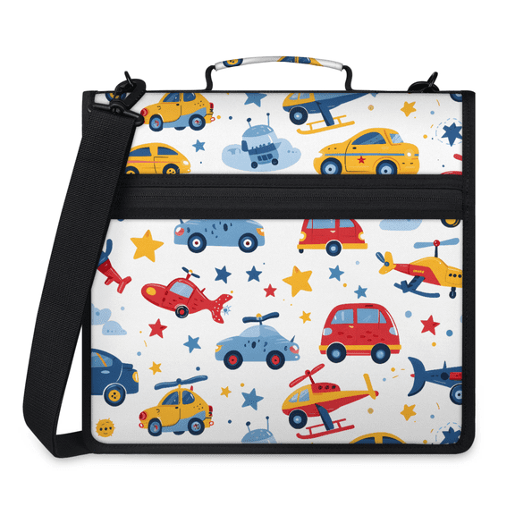 Herdesigns Cartoon Car Zipper Binder 1.5 Inch 3 D-Rings with Shoulder Strap & Handle, Waterproof Airplane Binder Organizer Bag for 13 Inch Laptop