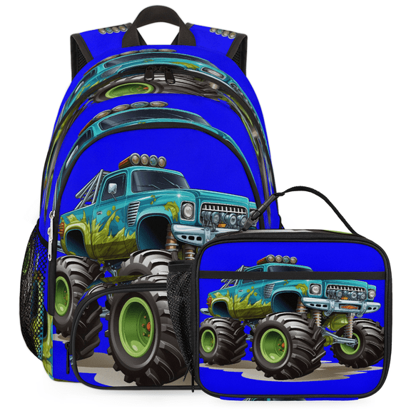 Herdesigns Cartoon Cool Monster Truck Large Backpack Set with Lunch Box Lightweight Water Resistant Travel Laptop Backpacks Casual Daypacks for Women Men