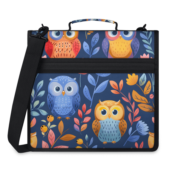 Herdesigns Cartoon Owl Zipper Binder 1.5 Inch 3 D-Rings with Shoulder Strap & Handle, Waterproof Spring Flower Binder Organizer Bag for 13 Inch Laptop