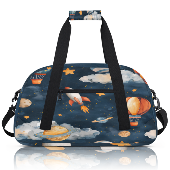Herdesigns Cartoon Rocket Planet Sports Duffle Bag for Women & Men, Hot Air Balloon Gym Bag Dance Bag Overnight Bag Carry On Weekender Travel Bag