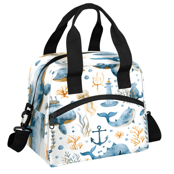 Herdesigns Cartoon Whale Insulated Lunch Bag for Women Men Adults Large Reusable Lunch Box Sea Ocean Fish Leakproof Cooler Tote Bags with Adjustable Shoulder Strap