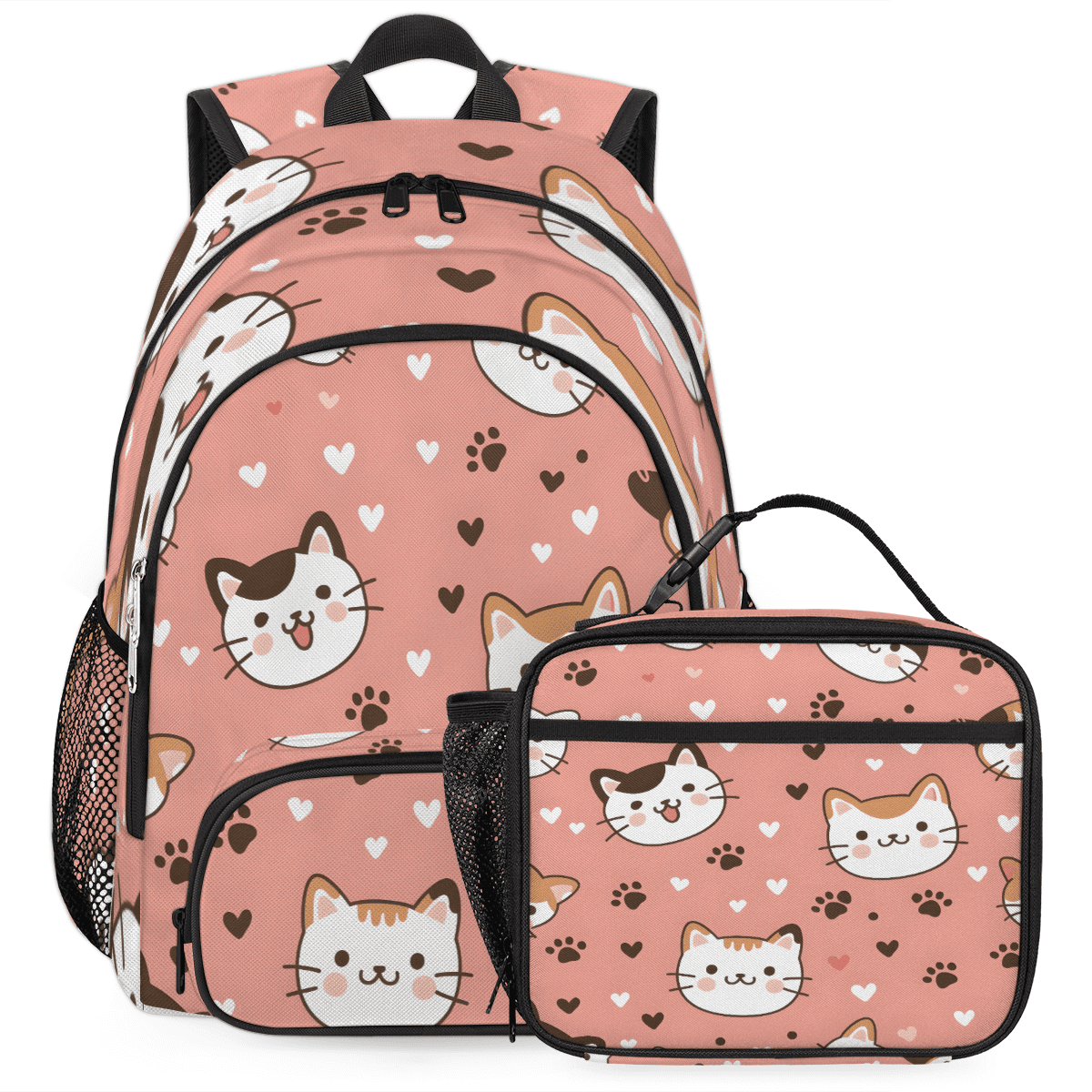 Herdesigns Cat Backpack with Lunch Box Cat Paws Print Lightweight Large ...