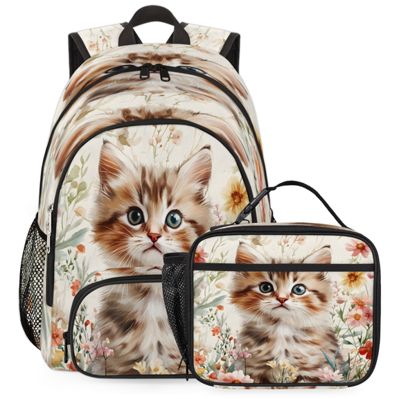Herdesigns Cat Floral Large Backpack Set with Lunch Box Lightweight Water Resistant Travel Laptop Backpacks Casual Daypacks for Women Men, Cute Cat