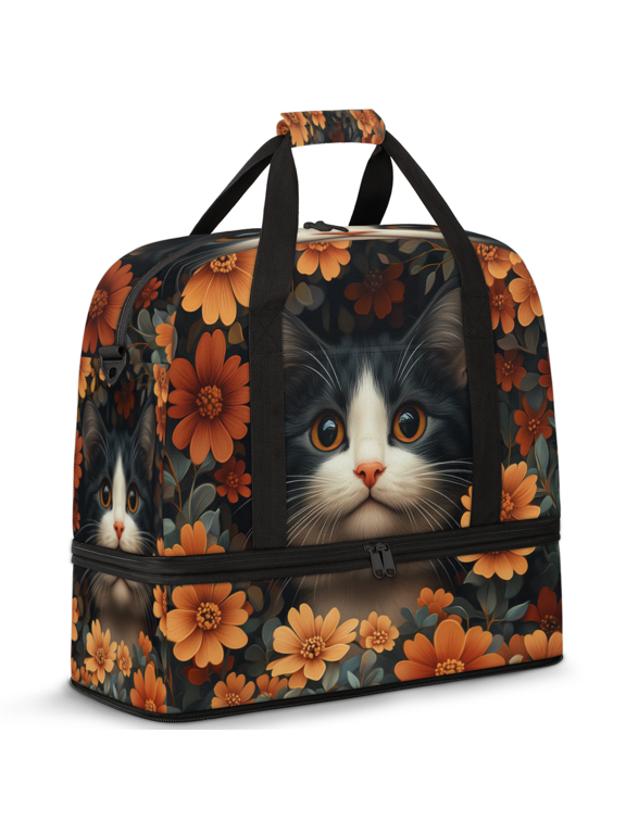 Cat Foldable Travel Duffel Bag for Women Men, Gym Tote Bags with Shoe Compartment, Flower Cat Waterproof Carry On Weekend Overnight Bag