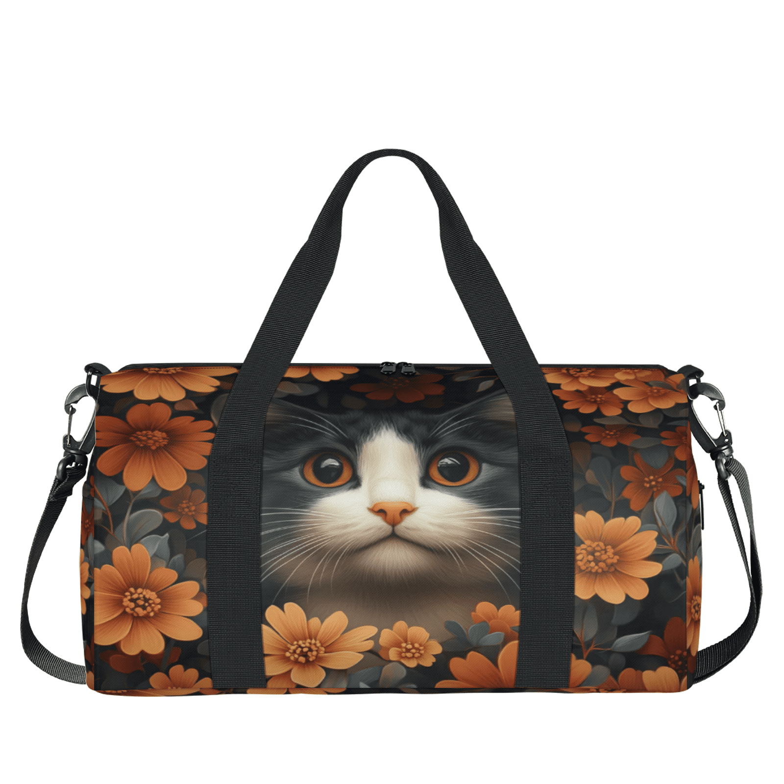 Herdesigns Cat Gym Bag for Women, Flower Cat Duffle Bag for Travel Sport, Lightweight Waterproof Carry on Weekender Overnight Dance Yoga Workout Bags
