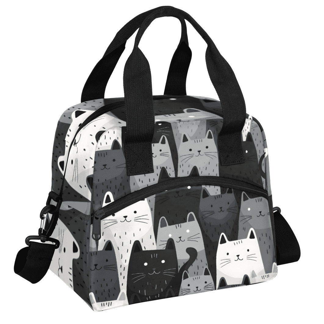 Herdesigns Cat Insulated Lunch Bag for Women Men Adults Large Reusable Lunch Box Gray White Black Cat Leakproof Cooler Tote Bags with Adjustable Shoulder Strap